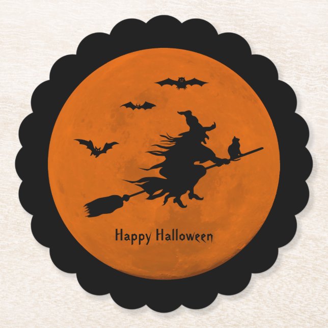 Halloween Black Wicked Witch Flying Orange Moon Paper Coaster (Front)