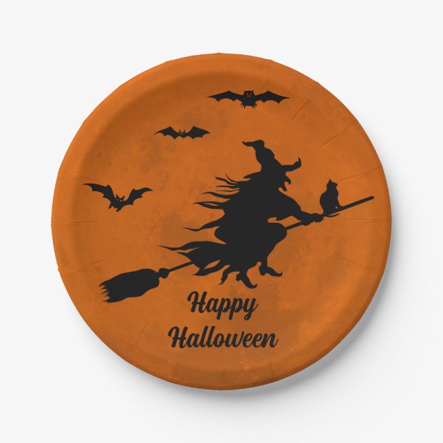 Halloween Black Wicked Witch Flying Orange Moon Paper Plate (Front)