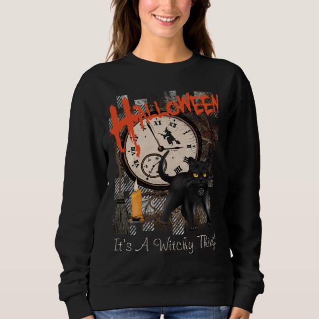 HALLOWEEN BLACK WITCHES CAT WOMEN'S SWEATSHIRT (Front)
