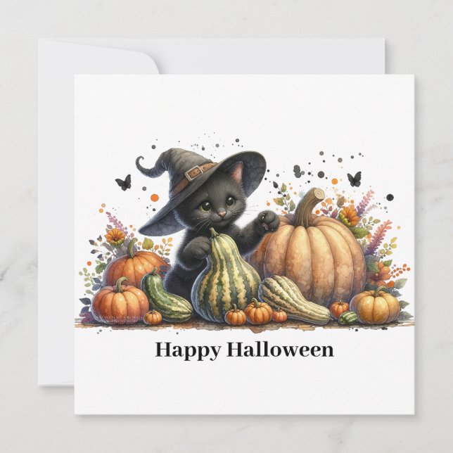Halloween Black Witch's Kitten W/ Pumpkins Gourds Holiday Card (Front)