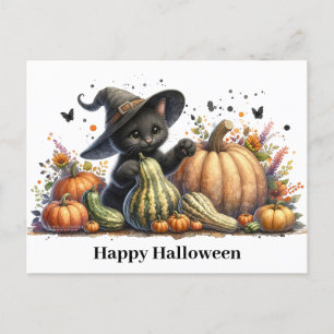 Halloween Black Witch's Kitten W/ Pumpkins Gourds Holiday Postcard