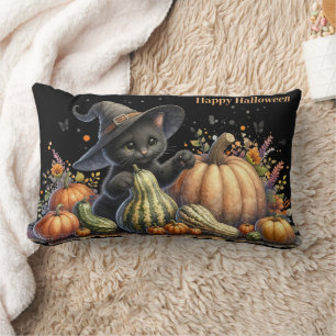 Halloween Black Witch's Kitten W/ Pumpkins Gourds Lumbar Cushion