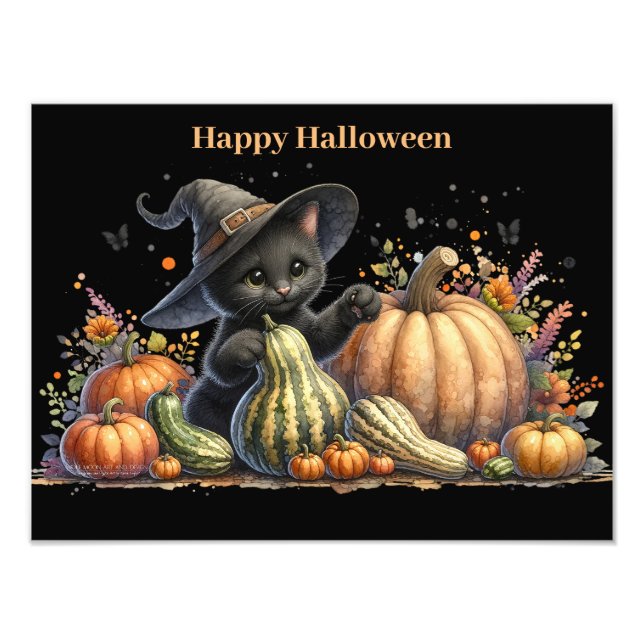 Halloween Black Witch's Kitten W/ Pumpkins Gourds Photo Print (Front)