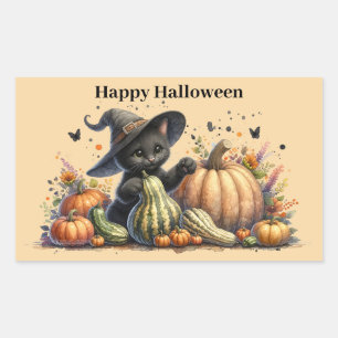 Halloween Black Witch's Kitten W/ Pumpkins Gourds Rectangular Sticker