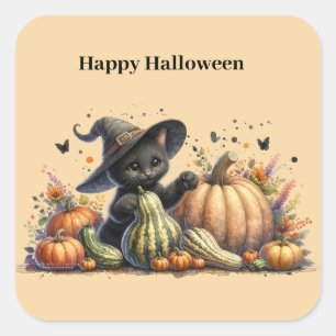 Halloween Black Witch's Kitten W/ Pumpkins Gourds Square Sticker