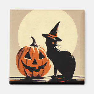 Halloween Black Witchy Cat and Pumpkin Magnet