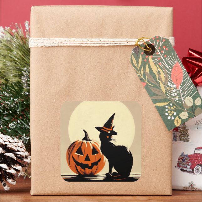 Halloween Black Witchy Cat and Pumpkin Sticker (Holiday)