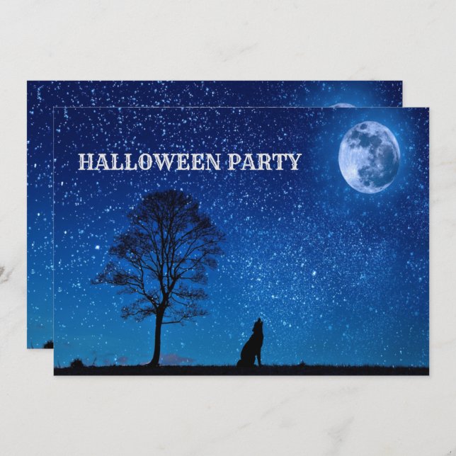 Halloween Black Wolf Tree Navy Blue Full Moon Invitation (Front/Back)