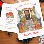 Halloween Block Party Announcement Postcard<br><div class="desc">Halloween Block Party Announcement Postcard design features an original watercolor painting of a festively spooky decorated front porch. Full of pumpkins, jack o lanterns, Fall garland, ghosts, and spider webs, this porch is ready to welcome your trick or treaters! A sleeping gray kitty cat snuggles up on the doormat for...</div>