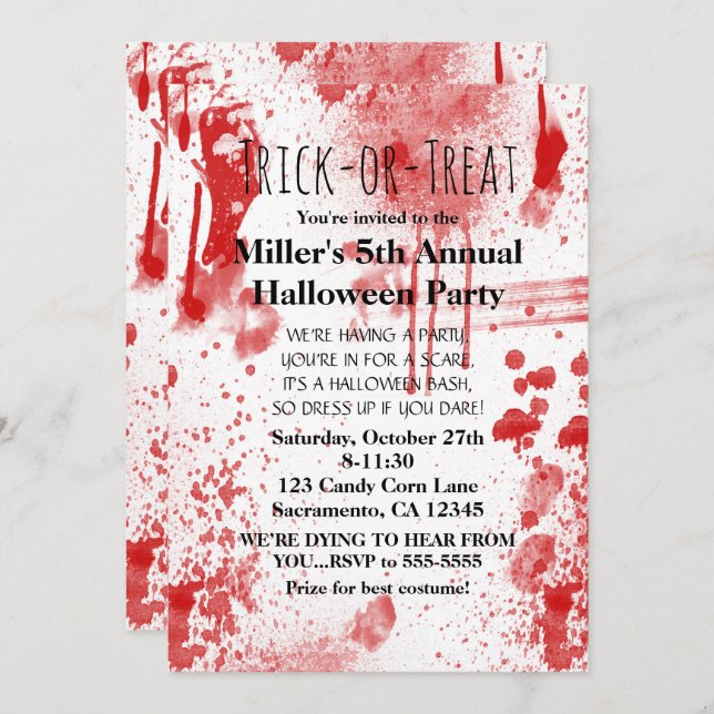 Halloween Blood Splatters Costume Party Invitation (Front/Back)