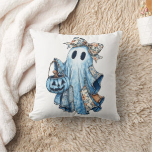 Halloween Blue Denim Boo Ghost Floral Coquette Bow Cushion