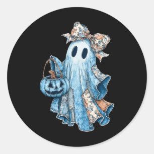 Halloween Blue Denim Boo Ghost Floral Coquette Fal Classic Round Sticker
