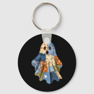 Halloween Blue Denim Boo Ghost Floral Coquette Fal Key Ring