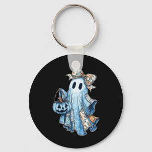 Halloween Blue Denim Boo Ghost Floral Coquette Fal Key Ring