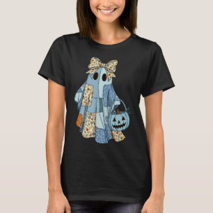 Halloween Blue Denim Boo Ghost Floral Coquette Fal T-Shirt