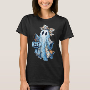 Halloween Blue Denim Boo Ghost Floral Coquette Fal T-Shirt