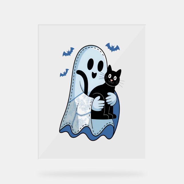 Halloween Blue Denim Ghost and Cat Acrylic Sign (Front)