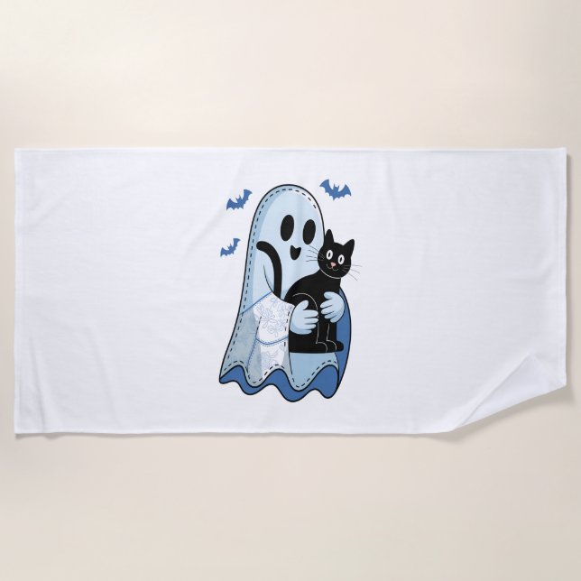 Halloween Blue Denim Ghost and Cat Beach Towel (Front)