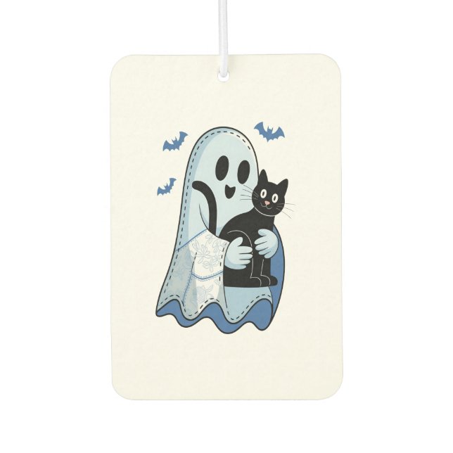 Halloween Blue Denim Ghost and Cat Car Air Freshener (Front)