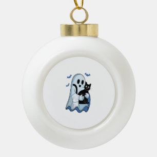 Halloween Blue Denim Ghost and Cat Ceramic Ball Christmas Ornament