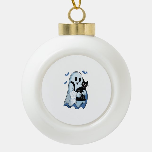 Halloween Blue Denim Ghost and Cat Ceramic Ball Christmas Ornament (Front)
