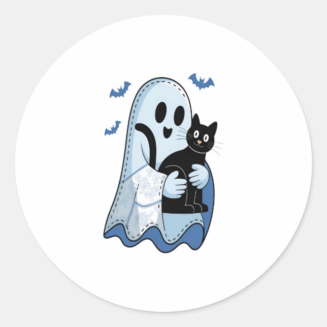 Halloween Blue Denim Ghost and Cat Classic Round Sticker (Front)