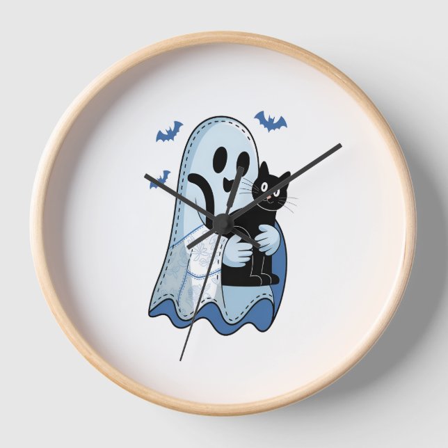 Halloween Blue Denim Ghost and Cat Clock (Front)