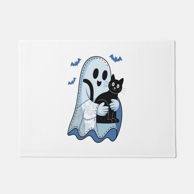 Halloween Blue Denim Ghost and Cat Doormat (Front)