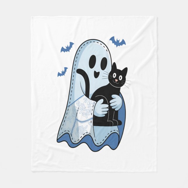 Halloween Blue Denim Ghost and Cat Fleece Blanket (Front)