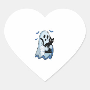 Halloween Blue Denim Ghost and Cat Heart Sticker