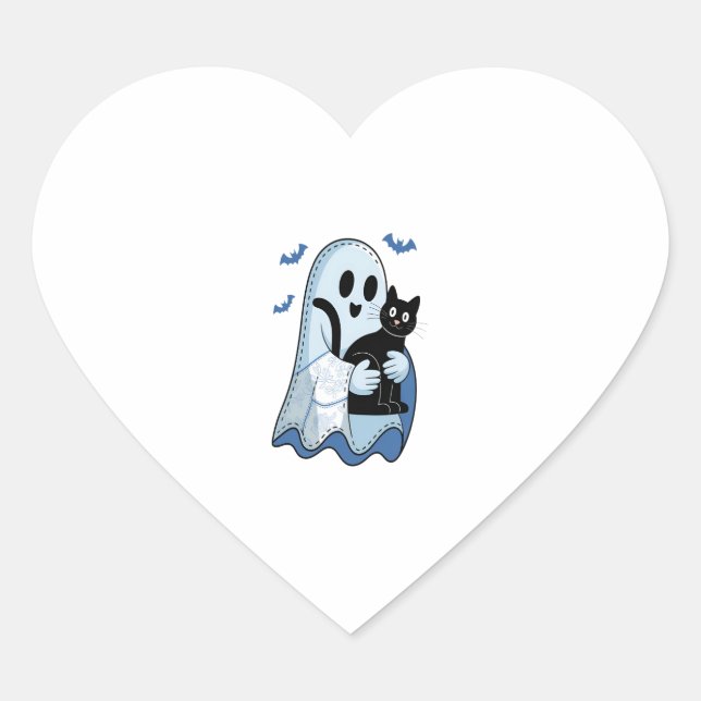 Halloween Blue Denim Ghost and Cat Heart Sticker (Front)