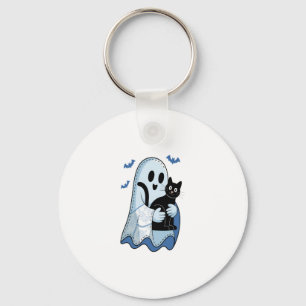 Halloween Blue Denim Ghost and Cat Key Ring