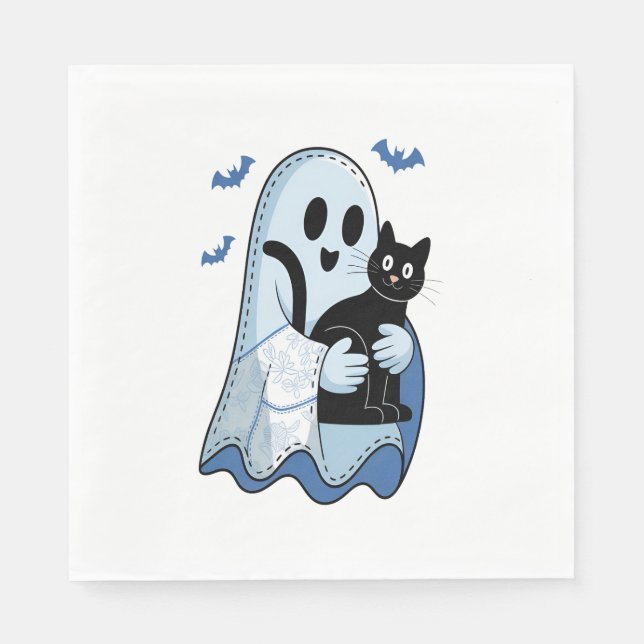 Halloween Blue Denim Ghost and Cat Napkin (Front)