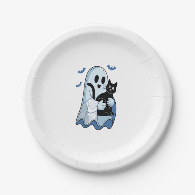 Halloween Blue Denim Ghost and Cat Paper Plate (Front)