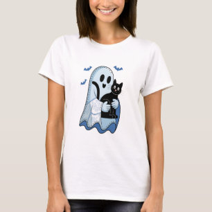 Halloween Blue Denim Ghost and Cat T-Shirt