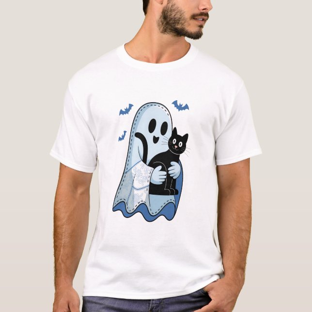 Halloween Blue Denim Ghost and Cat T-Shirt (Front)