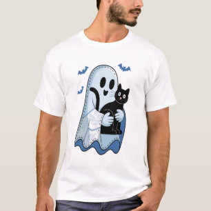 Halloween Blue Denim Ghost and Cat T-Shirt