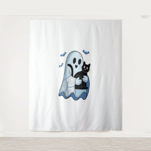 Halloween Blue Denim Ghost and Cat Tapestry