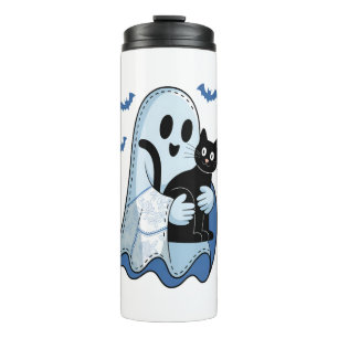 Halloween Blue Denim Ghost and Cat Thermal Tumbler