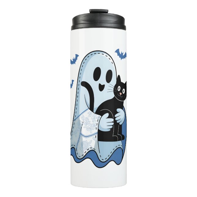 Halloween Blue Denim Ghost and Cat Thermal Tumbler (Front)