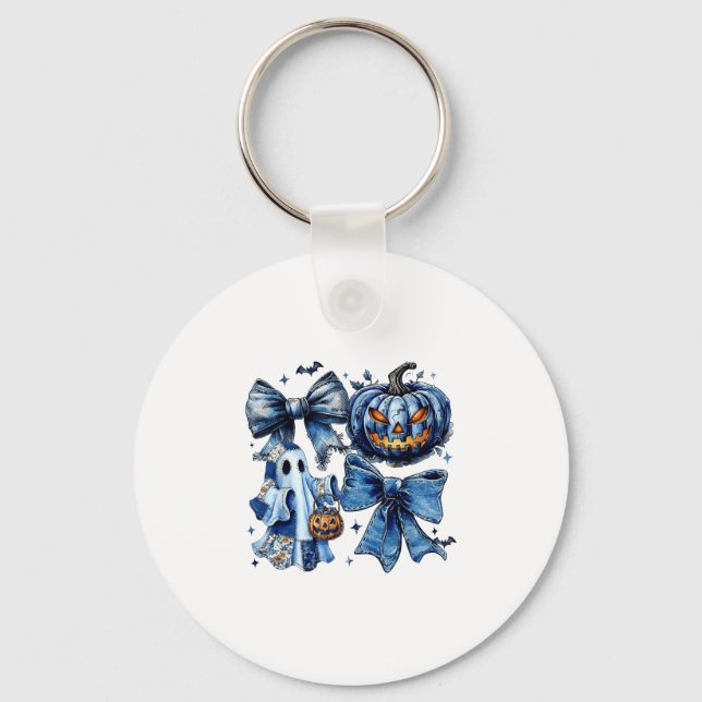 Halloween Blue Denim Ghost Patchwork Soky Ghost  Key Ring (Front)