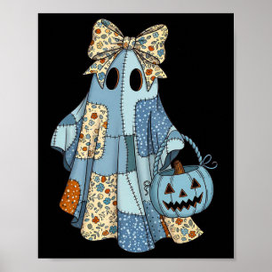 Halloween Blue Denim Ghost Trendy Denim Patchwork Poster