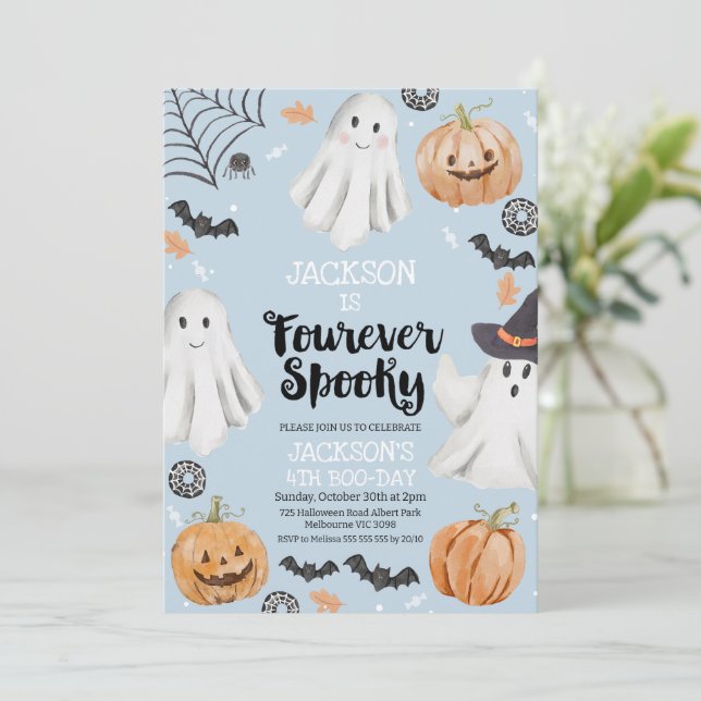  Halloween Blue Fourever Spooky 4th Birthday  Invitation (Standing Front)
