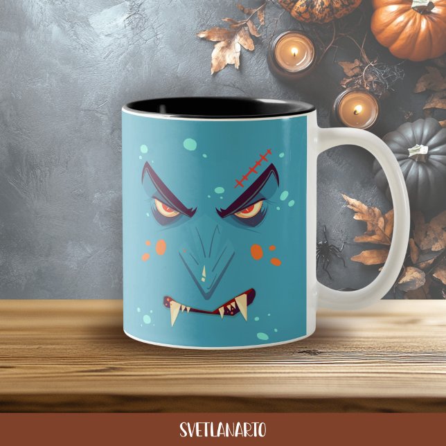 Halloween Blue Grumpy Vampire Coffee Mug (Frontal view
)