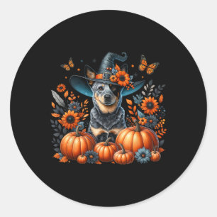 Halloween Blue Heeler Dog Pumpkin Autumn Season Fl Classic Round Sticker