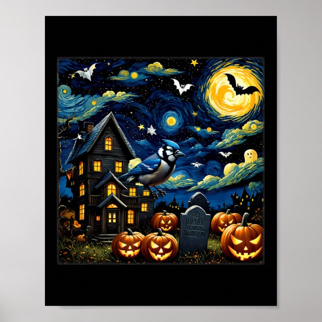 Halloween Blue Jay Starry Night  Poster (Front)