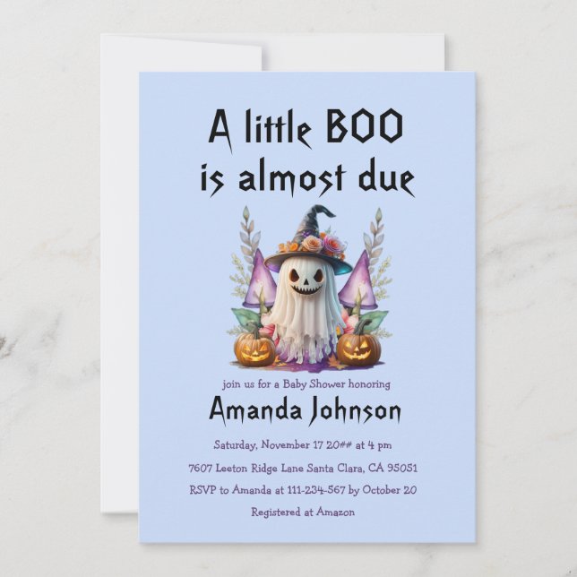 Halloween Blue Little Boo Ghost Boy Baby Shower  Invitation (Front)