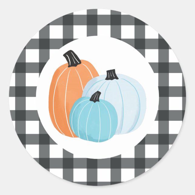 Halloween blue Pumpkins black Plaid Classic Round Sticker (Front)