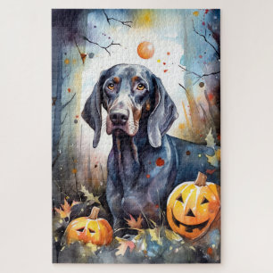 Halloween Bluetick Coonhound With Pumpkins Scary Jigsaw Puzzle