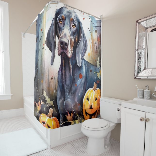 Halloween Bluetick Coonhound With Pumpkins Scary Shower Curtain (In Situ)